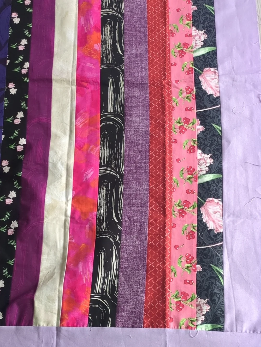 Handmade Unfinished Quilt Top UFO Modern Strip Quilt Purple Pink 49.5 x 62.5